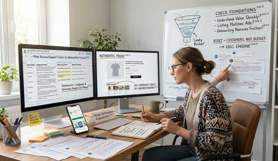 A focused woman in a professional office setting manages a structured marketing campaign on a large whiteboard. The board is organized into columns detailing a repetitive "Campaign Operating System" with specific cadences: "Weekly (Ship New UGC)", "Fortnightly (Rotate Hooks)", and "Monthly (Refresh Angles)". She is actively writing notes with a marker, while a laptop in the foreground displays performance analytics and a campaign planning notebook rests on the desk, emphasizing a systematic approach to sustainable results.