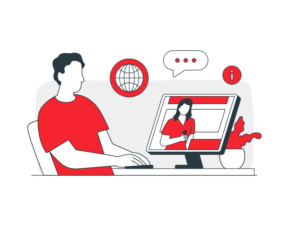 a guy sitting on the left side and a computer screen on the right side where a lady is reporting, a globe icon, messaging icon and i icon.