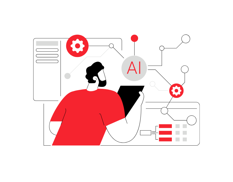 guy looking at a black tablet and in front of him looks like a dashboard and flowchart of AI and settings