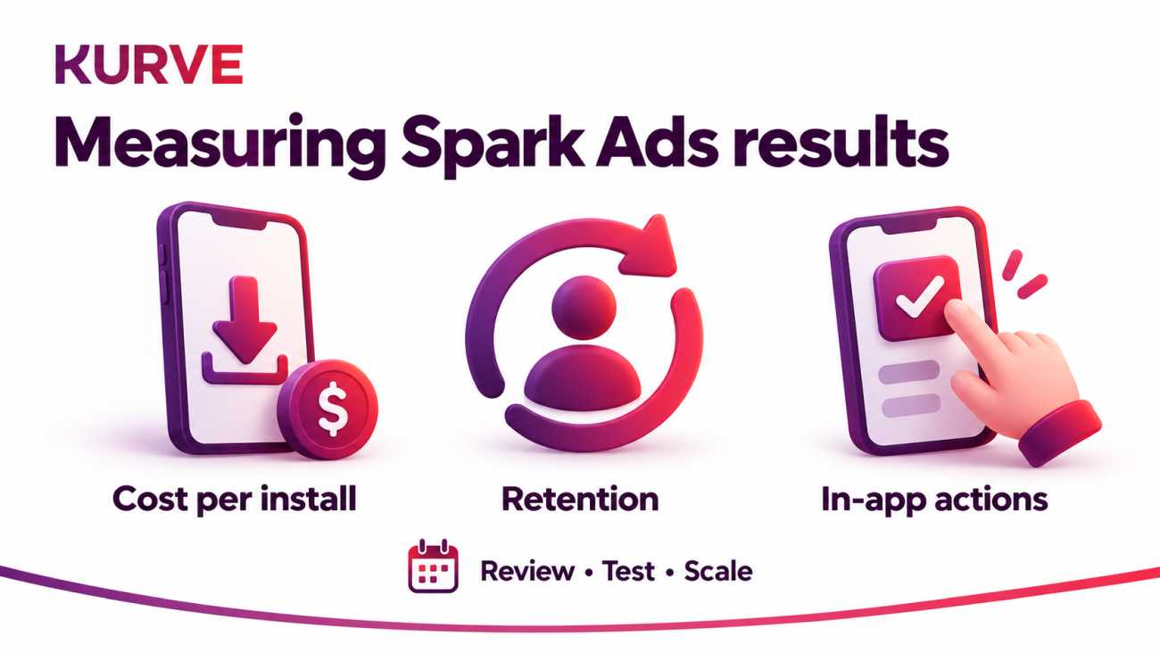 Kurve illustration highlighting cost per install, retention and in-app actions, with a reminder to review, test and scale.