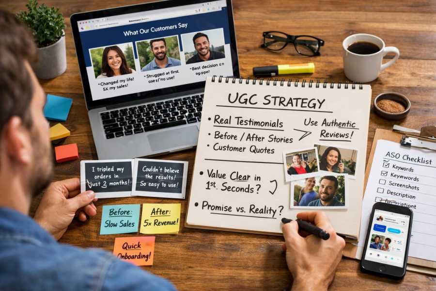 Person planning an ecommerce website at a desk with customer reviews, testimonial notes, and UGC strategy ideas displayed on a laptop and notepad.