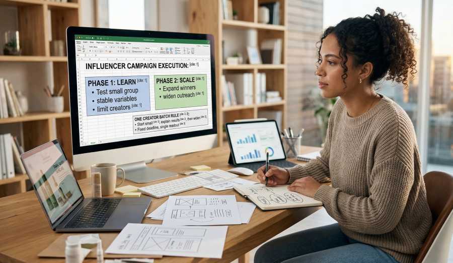 an e-commerce professional sitting at a wooden desk with a large monitor, analyzing an influencer campaign plan. The screen clearly shows a strategy with distinct columns for 'Phase 1: Learn' with stable variables and a small group, and 'Phase 2: Scale' for expanding winners. A nearby notebook lists the 'One Creator Batch Rule,' with arrows and notes about budget protection and starting small. Product samples and marketing materials surround the workstation.