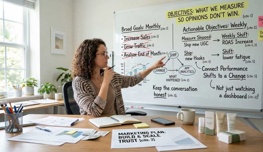 A candid photograph of a woman with curly brown hair, wearing a patterned cardigan, focused and pointing thoughtfully towards a whiteboard in a modern home office.