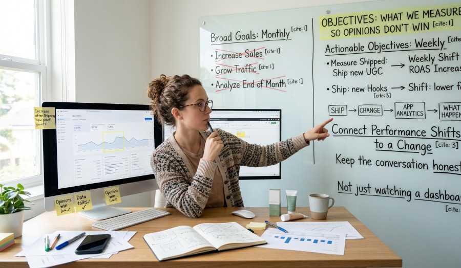 a woman professional in a modern home office. She is thoughtfully pointing to a detailed whiteboard covered in handwritten notes and diagrams.