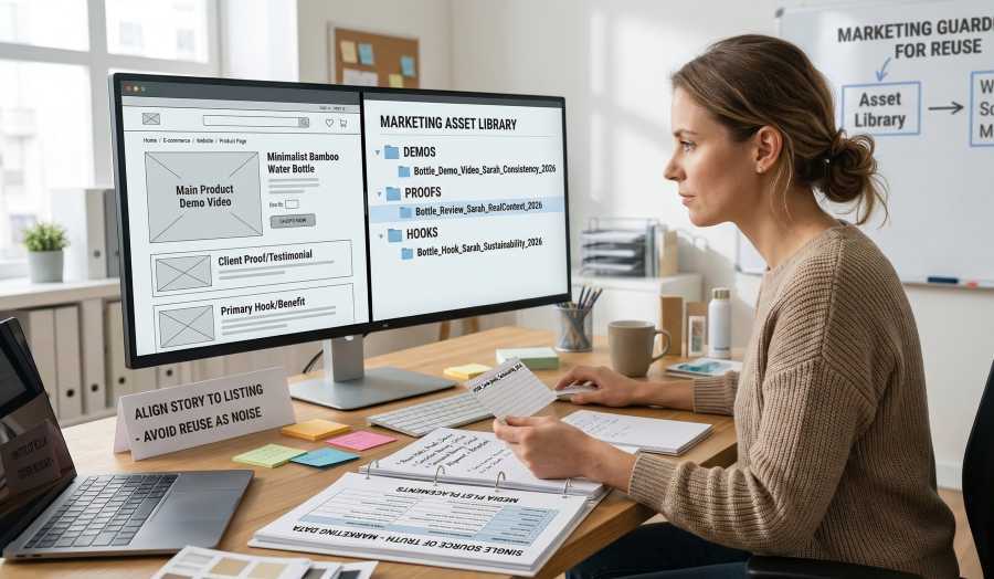 A professional woman sits at a desk in a bright office, working on an e-commerce website. A large monitor displays a split-screen layout: one side for the structured 'Marketing Asset Library' with consistently named folders like 'Hooks', 'Proofs', and 'Demos'; the other side for the website product page wireframe. She holds an index card and uses a mouse to map specific, organized marketing proofs like customer quotes and demos from the 'library' to the corresponding website product listings, ensuring the brand story aligns perfectly with the product descriptions on the screen. The scene includes a laptop, notebook with consistent naming notes, a coffee mug, and various product samples on a large wooden desk.