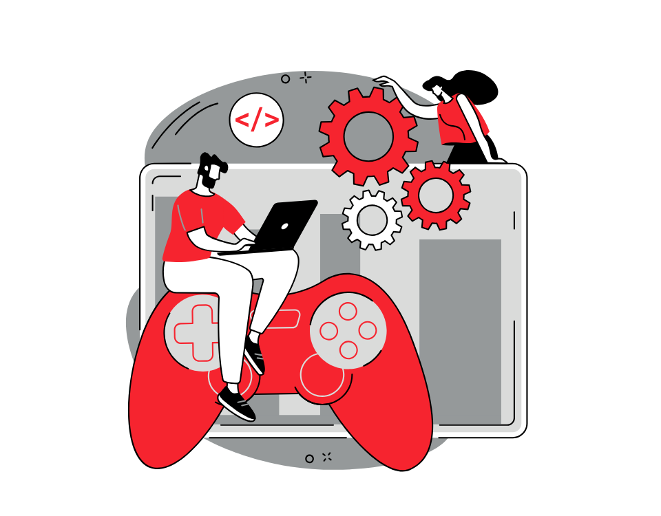 a man on the left side sitting on a  big gaming controller with gear icons and a lady on the right side 