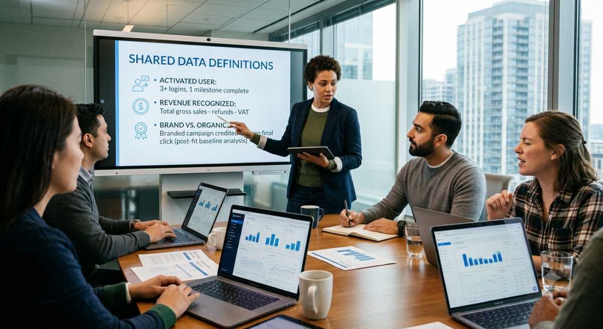 A team of five diverse professionals is conducting a meeting in a modern, well-lit conference room with large windows overlooking a city skyline. A female presenter in a blazer is standing and pointing at a large digital whiteboard displaying a presentation slide with the title "SHARED DATA DEFINITIONS." Seated around a wooden table are four colleagues (one woman, three men), actively watching. All attendees have open laptops with analytics dashboards and notebooks. The presentation slide lists three distinct definitions: "ACTIVATED USER: 3+ logins, 1 milestone complete", "REVENUE RECOGNIZED: Total gross sales - refunds - VAT", and "BRAND VS. ORGANIC: Branded campaign credited, then final click (post-fit baseline analysis)." The atmosphere is collaborative and professional.