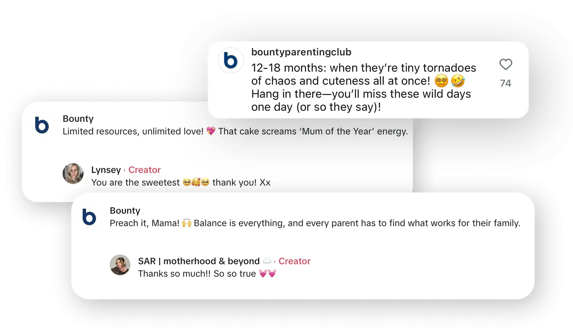 Screenshots of social media comments showing engagement and interaction from Bounty Parenting Club. Screenshots of social media comments showing engagement and interaction from Bounty Parenting Club.