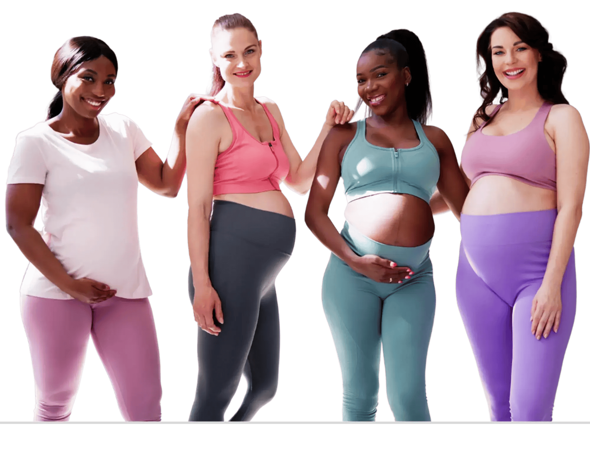 A group of diverse pregnant women posing together in activewear A group of diverse pregnant women posing together in activewear
