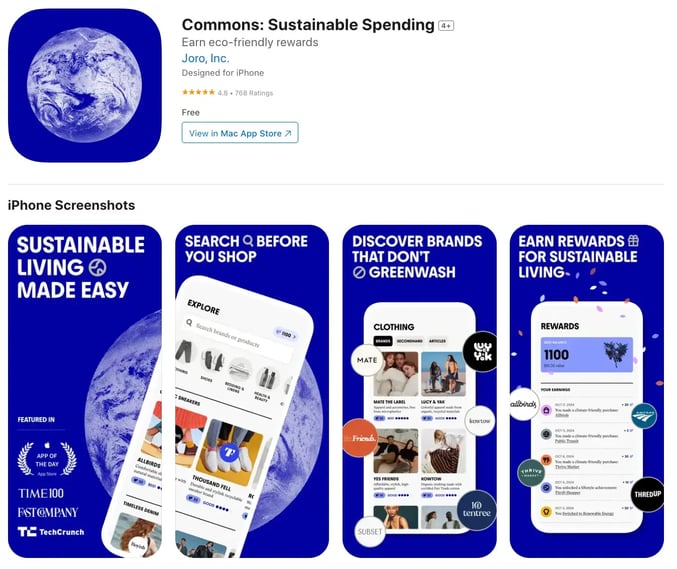 Commons app store page showing sustainable lifestyle and shopping rewards features.
