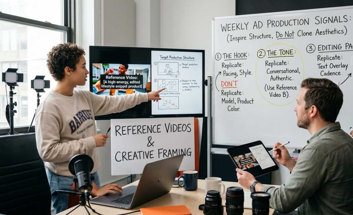 A creative marketing team in an office using a digital screen and whiteboard to break down reference videos. The whiteboard highlights "Weekly Ad Production Signals," specifically analyzing the hook, tone, and editing pacing to inspire structure without cloning aesthetics.