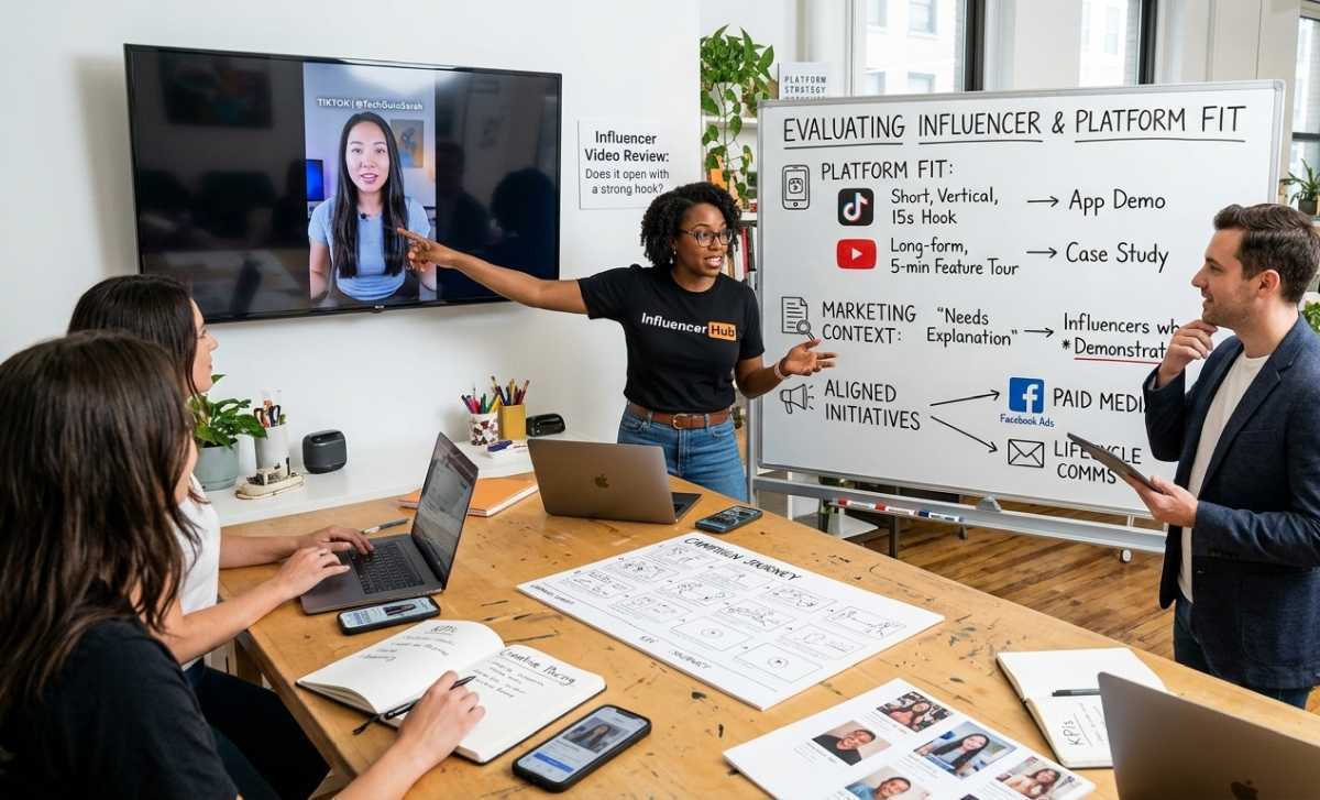 A marketing strategy team in a modern office analyzing influencer campaign performance. A presenter points to a vertical video on a monitor while a whiteboard breaks down platform fit between short-form video hooks and long-form tours, aligning them with paid media and lifecycle communications.