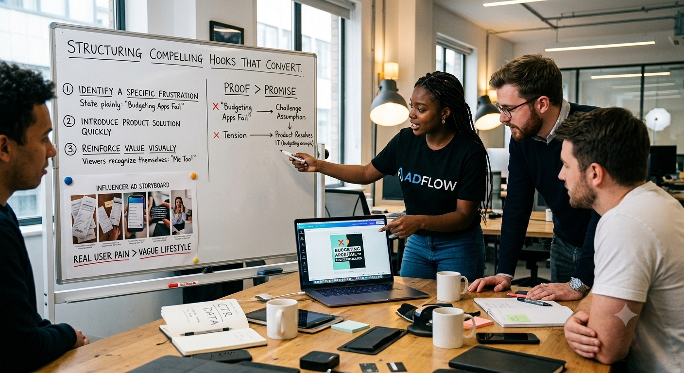 A small creative marketing team collaborates around a table in a modern office, planning ad hooks. One team member in an 'ADFLOW' t-shirt points at a digital storyboard on a laptop showing 'BUDGET APPS FAIL,' while diagrams on a whiteboard break down steps for identifying frustration and reinforcing value.