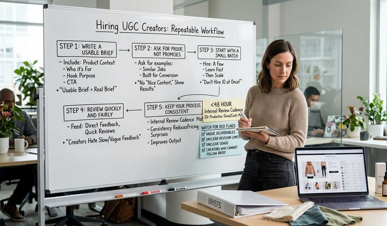 A professional woman in a modern office stands before a whiteboard detailing a 5-step repeatable workflow for hiring User-Generated Content (UGC) creators. The flowchart on the board includes steps like writing usable briefs, asking for conversion proof, and maintaining a fast review cadence. On the desk in front of her is a laptop showing an online store, a "BRIEFS" binder, fabric swatches, and product packaging, suggesting an active planning session for an e-commerce brand