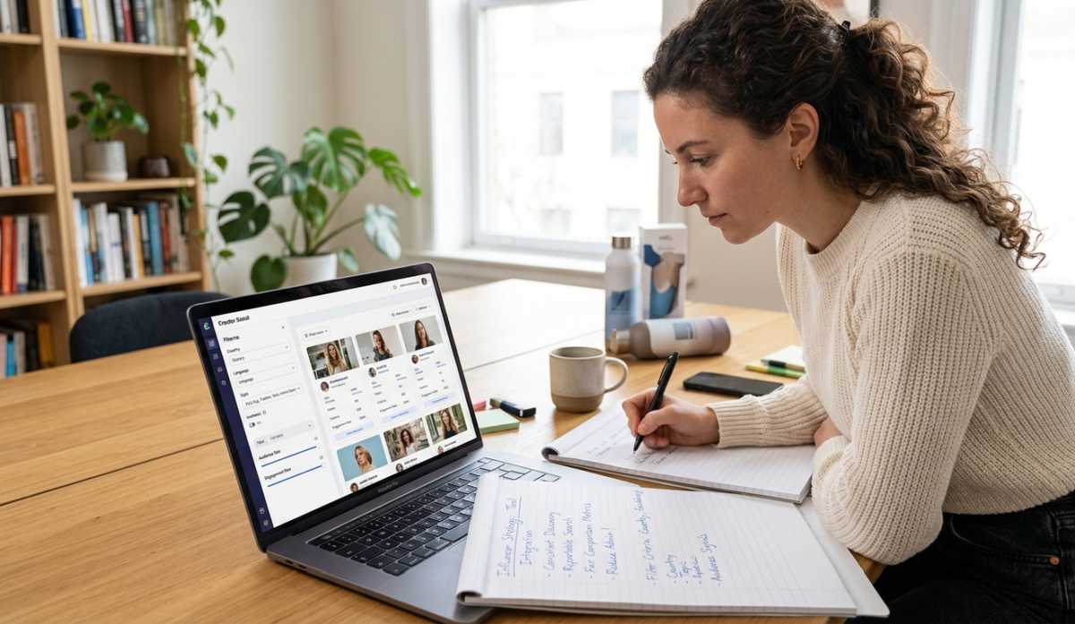 A candid photograph captures an e-commerce entrepreneur analyzing potential influencer partnerships. She uses a digital tool on her laptop—which displays filters for topic, location, and audience size—to identify and compare creators for her online store. Handwritten notes detail her strategy, focusing on consistent discovery and reducing administrative tasks.