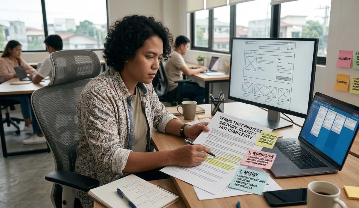 A professional person with curly hair reviews a printed document titled "Terms That Protect Delivery" at a modern wooden desk. The workspace is organized with colorful sticky notes highlighting "1. Workflow" and "2. Money" with specific details about due dates and invoicing. A laptop and a monitor displaying website wireframes are visible in the background, alongside other team members in a bright, open-plan office setting, illustrating a detailed ecommerce contract planning phase.