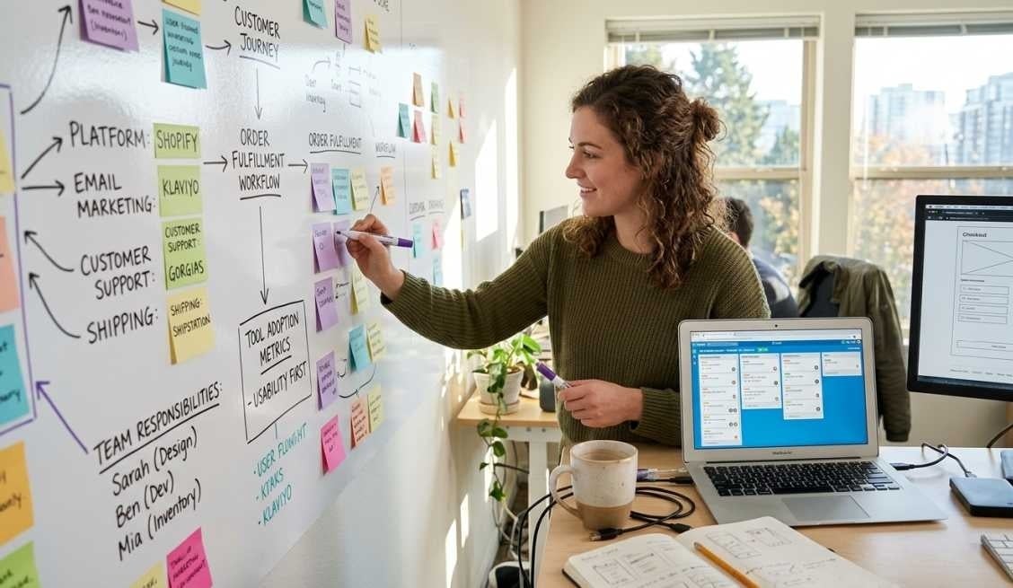 A professional woman in a bright, modern office maps out an ecommerce website strategy on a large whiteboard filled with colorful sticky notes and flowcharts. The board highlights specific workflows for "Order Fulfillment" and tool integrations like Shopify, Klaviyo, and ShipStation. In the foreground, a desk holds a laptop displaying a project management board and a computer monitor showing a website checkout wireframe, capturing a highly organized and technical planning session.