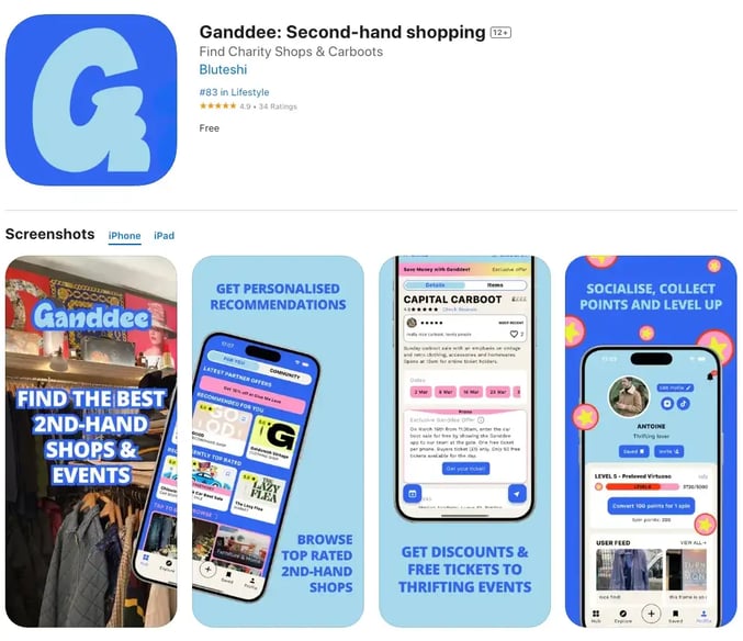 Ganddee second-hand shopping app store preview showing features