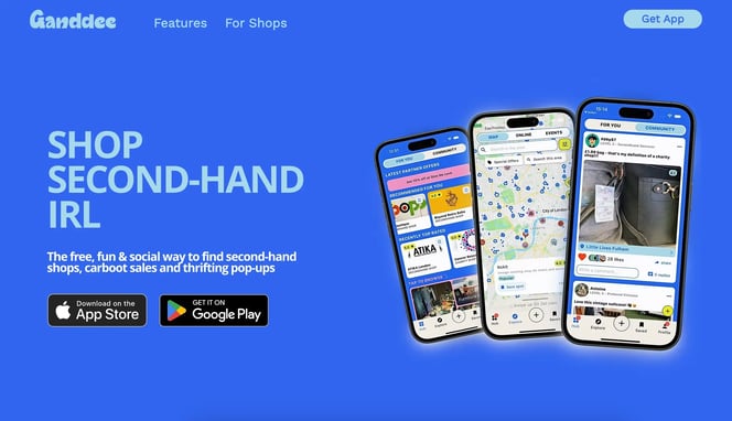 Ganddee website banner promoting an app for finding second-hand shops and pop-ups.