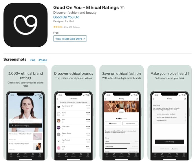 Good On You ethical fashion ratings app preview in the App Store