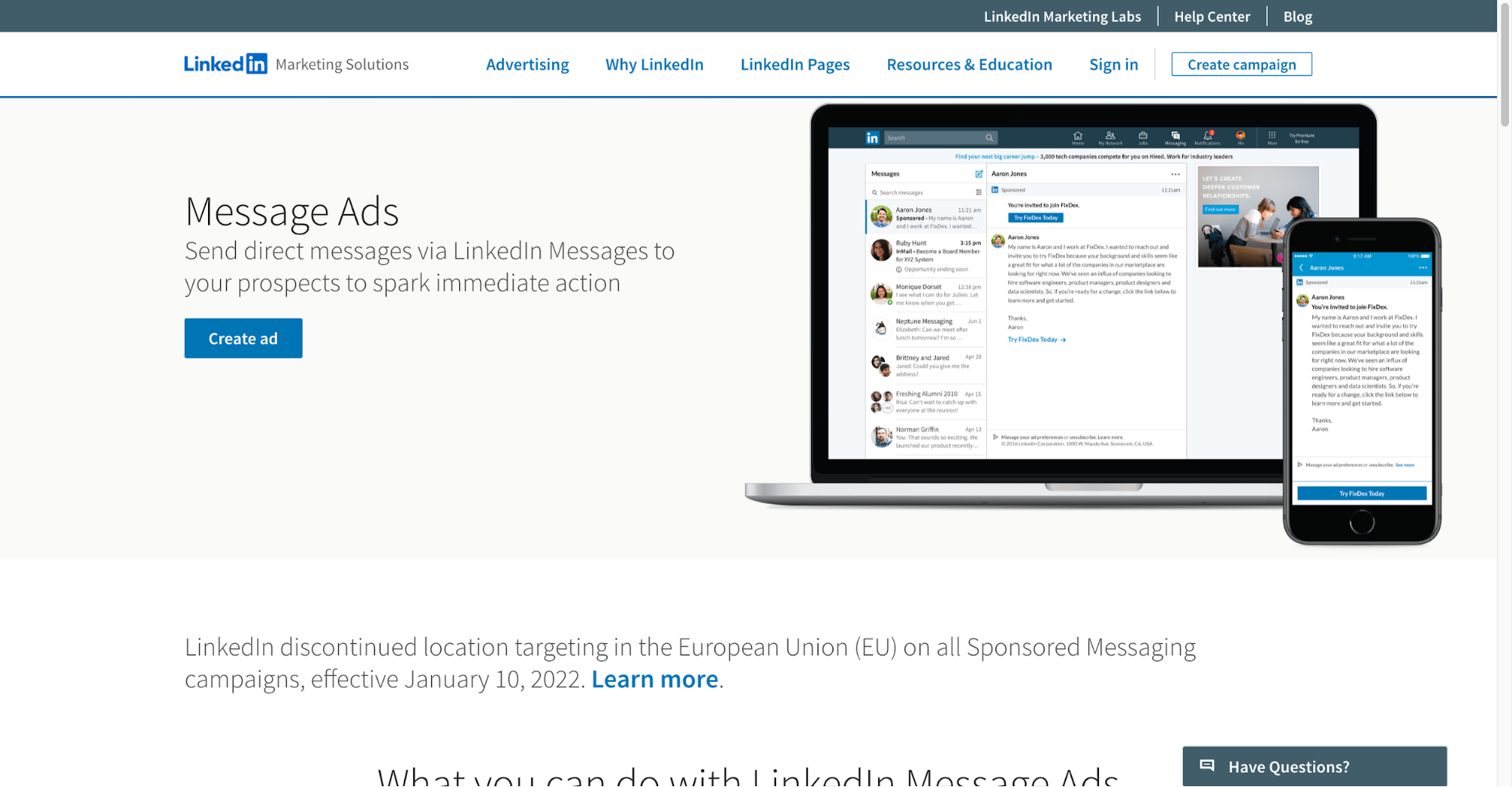 linkedin message ads web page