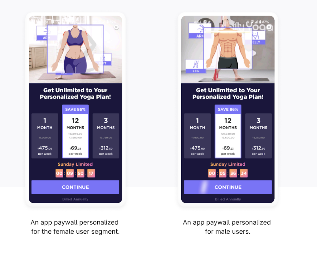 2 mobile screenshots of app for female and male users