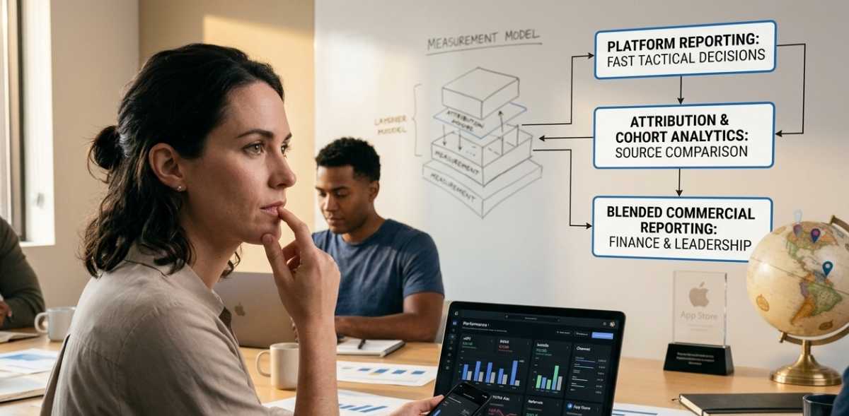 A realistic photograph of a digital marketing team analyzing mobile user acquisition data in a conference room. In the foreground, a thoughtful woman looks at a laptop displaying a performance dashboard, while a whiteboard in the background highlights the three stages of a measurement model: platform reporting, attribution & cohort analytics, and blended commercial reporting.