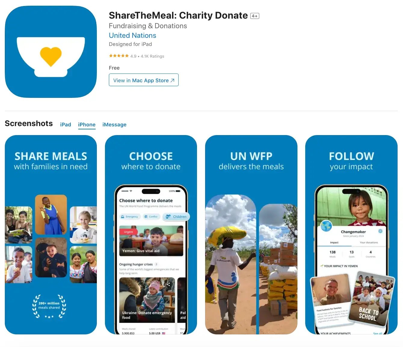 ShareTheMeal charity donation app preview in the App Store