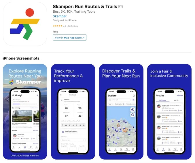 Skamper running routes and trails app preview in the App Store