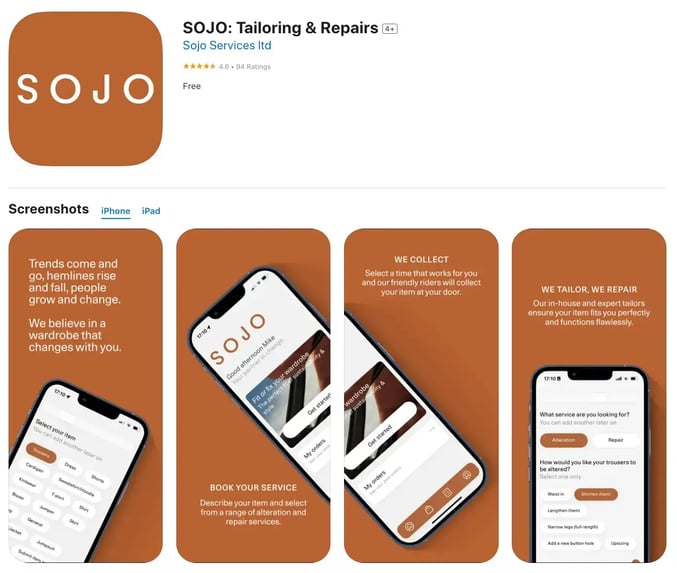 SOJO tailoring and repairs app preview in the App Store