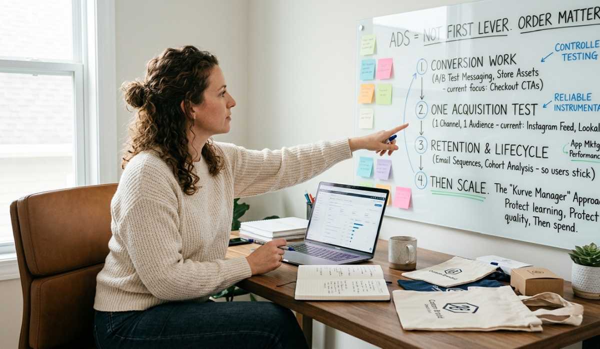 A medium-wide shot of a woman in her bright, modern home office, sitting at a desk and pointing at a detailed whiteboard flowchart. The whiteboard is titled "ADS = NOT FIRST LEVER. ORDER MATTERS." and outlines a four-step marketing strategy: 1. CONVERSION WORK (A/B Test Messaging, Store Assets) with arrows pointing to "Controlled Testing". 2. ONE ACQUISITION TEST (1 Channel, 1 Audience) with arrows pointing to "Reliable Instrumentation". 3. RETENTION & LIFECYCLE (Email Sequences, Cohort Analysis). 4. THEN SCALE. The steps are explained in detail on the board, referencing "App Mktg -> Performance Mktg" and the "Kurve Manager" approach (protect learning, protect quality, then spend). The woman is holding a pen and looking at the board, her finger pointing to the text. Her desk holds a laptop showing charts, an open notebook, a coffee mug, and product samples in reusable cotton bags. A window and colored sticky notes on the whiteboard are in the background.