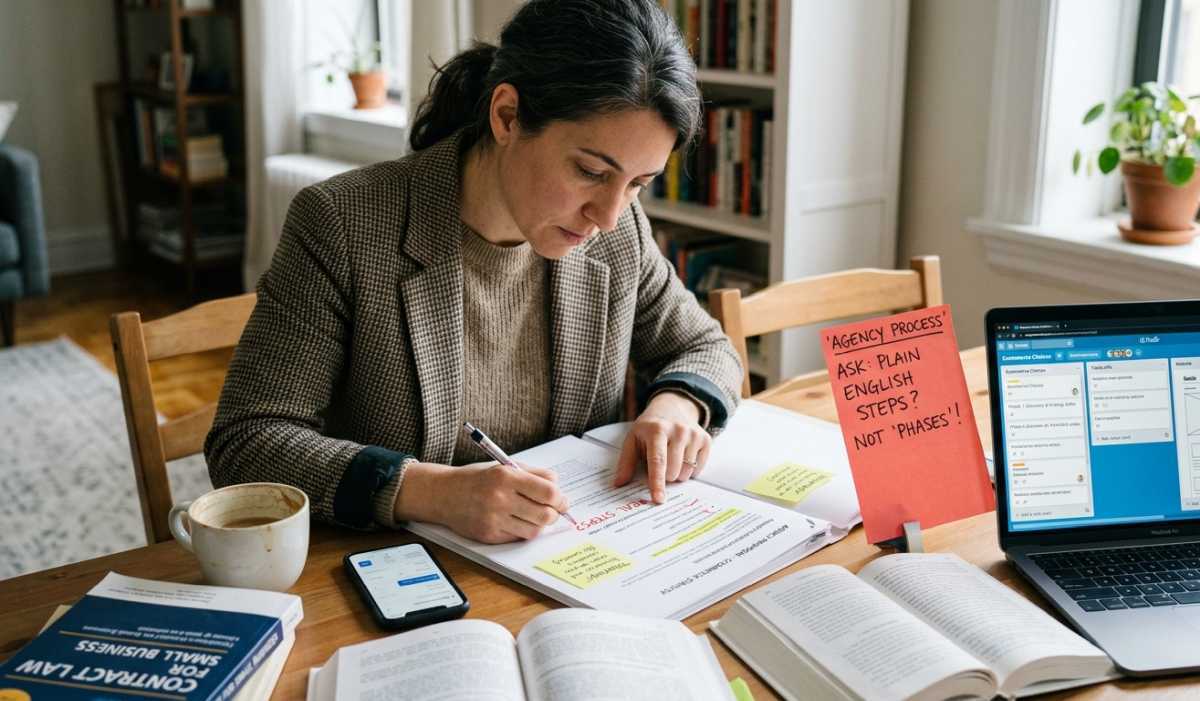 A focused businesswoman in a blazer sits at a wooden table, writing in a spiral notebook. She uses a pen and pink highlighter, looking at a sentence she has highlighted. The table is covered with open books, including a prominent book in the foreground titled "CONTRACT LAW FOR SMALL BUSINESS." In her notebook, a highlighted point reads: " 'Strategy' = choices and trade-offs, not more slides! (Be careful)". To the right of her notebook, a large, handwritten red card is propped up with the text: "'AGENCY PROCESS' ASK: PLAIN ENGLISH STEPS? NOT 'PHASES'!". Next to it, an open laptop displays a project management board with lists titled "Ecommerce Choices" and "Website Wireframe." A coffee mug, a smartphone, and other reference books are also on the table. A window with a potted plant and bookshelves are in the background.