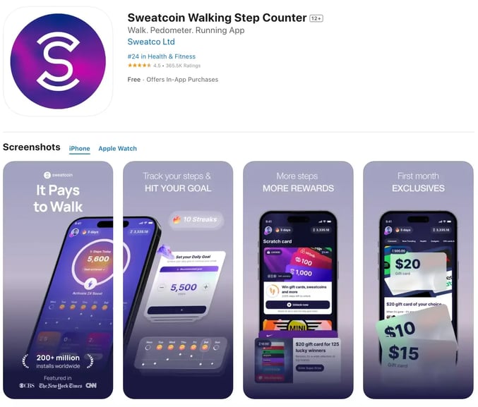 Sweatcoin walking and step counter app preview in the App Store