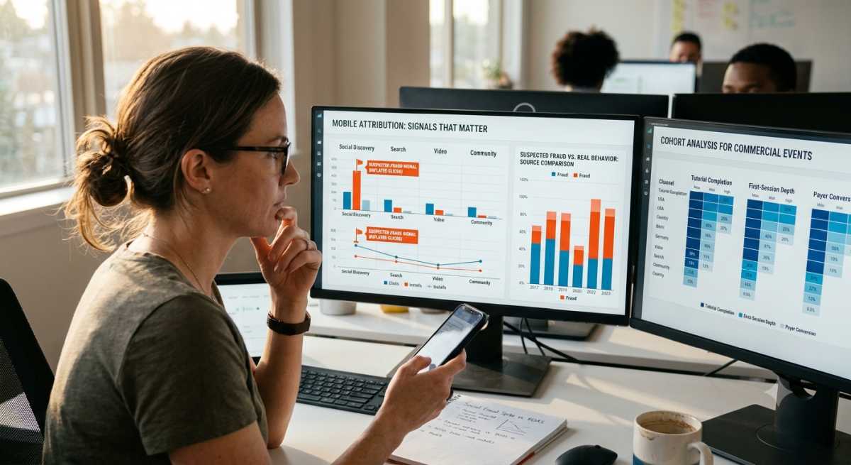 A detailed, candid photograph of a female marketing data analyst working at a desk in a modern office. She holds a smartphone and looks thoughtfully at two large computer monitors, with her hand on her chin. The left monitor clearly displays detailed bar and line graphs titled "MOBILE ATTRIBUTION: SIGNALS THAT MATTER" and "SUSPECTED FRAUD vs. REAL BEHAVIOR: SOURCE COMPARISON," with red and orange flags indicating suspected mobile ad fraud alongside real clicks and installs data. The right monitor shows color-coded data grids for "COHORT ANALYSIS FOR COMMERCIAL EVENTS," tracking milestones such as "Tutorial Completion," "First-Session Depth," and "Payer Conversion." A keyboard, a notebook with notes, and a coffee mug are on her desk, and bright natural light comes from a nearby window. Another person is visible in the blurred background.