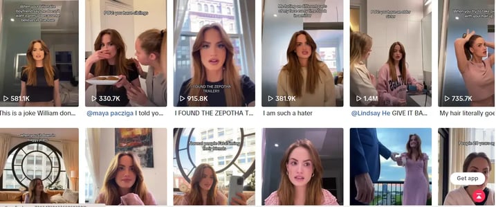 A collection of video thumbnails featuring a female influencer on TikTok.