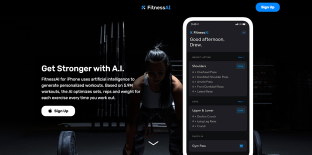 Snippet of the web landing page for FitnessAI app
