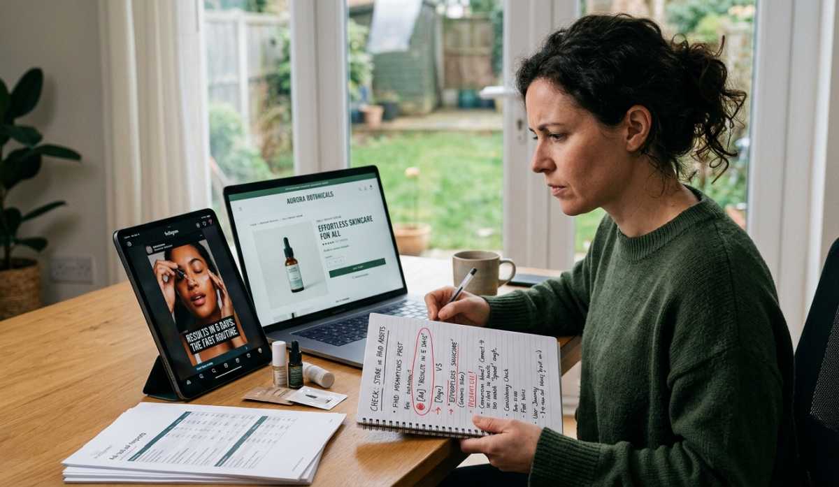 A woman compares an ad on a tablet to a product page on a laptop, writing notes in a notebook about a marketing inconsistency