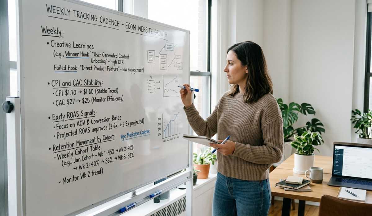A woman in a bright office writes on a large whiteboard detailing key performance indicators for e-commerce website growth, including creative learnings, CPI/CAC stability, ROAS signals, and retention.