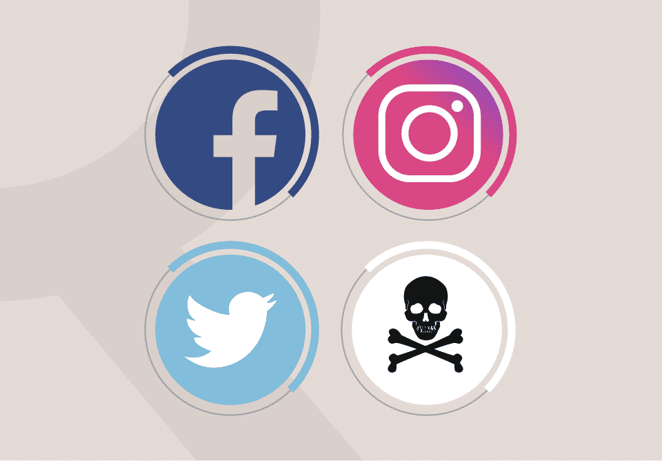 icons of facebook, instagram, twitter and danger