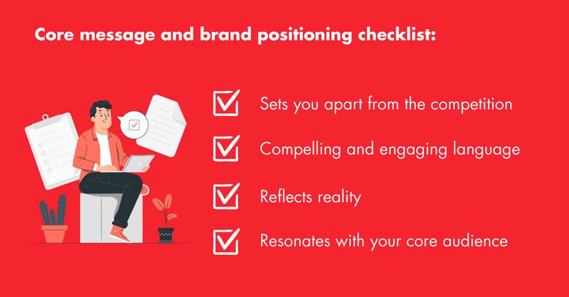Infographic showing the 4 main points of a core message and brand positioning checklist