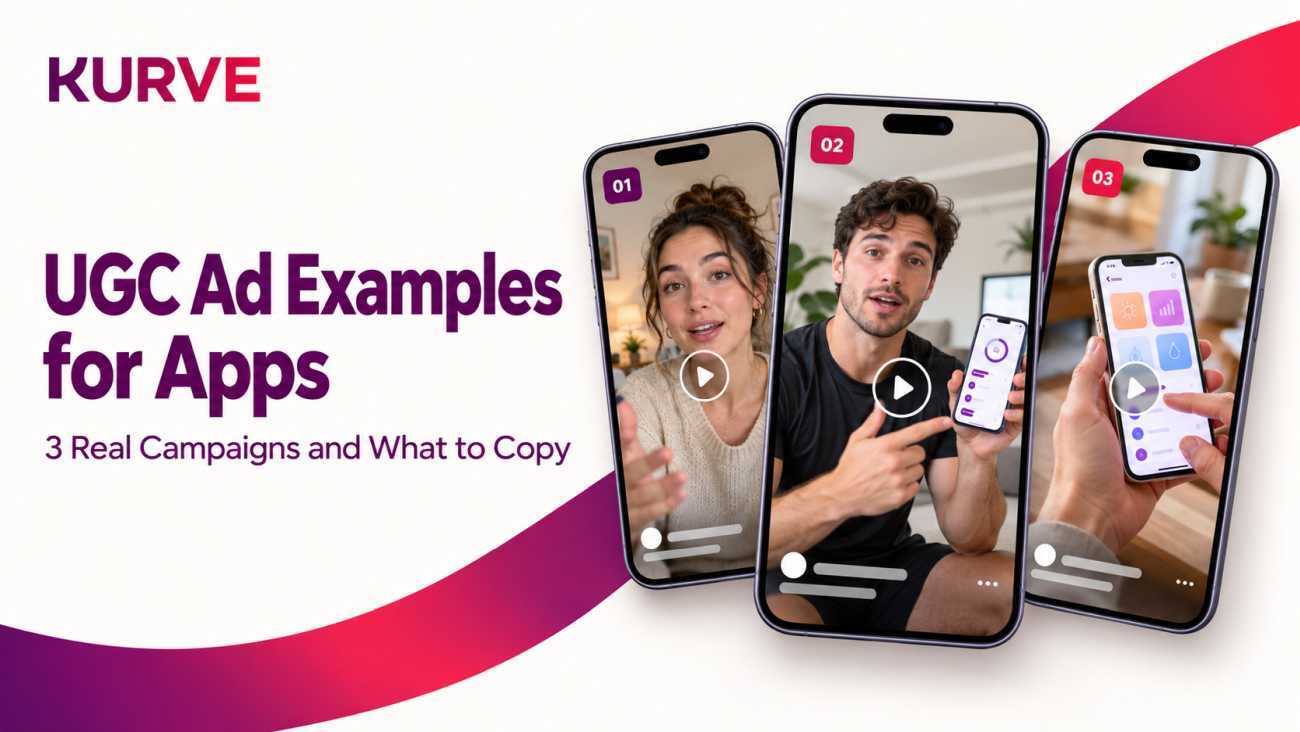 Kurve-branded graphic showing three smartphone mockups with creator-led app ads for “UGC Ad Examples for Apps: 3 Real Campaigns and What to Copy.”